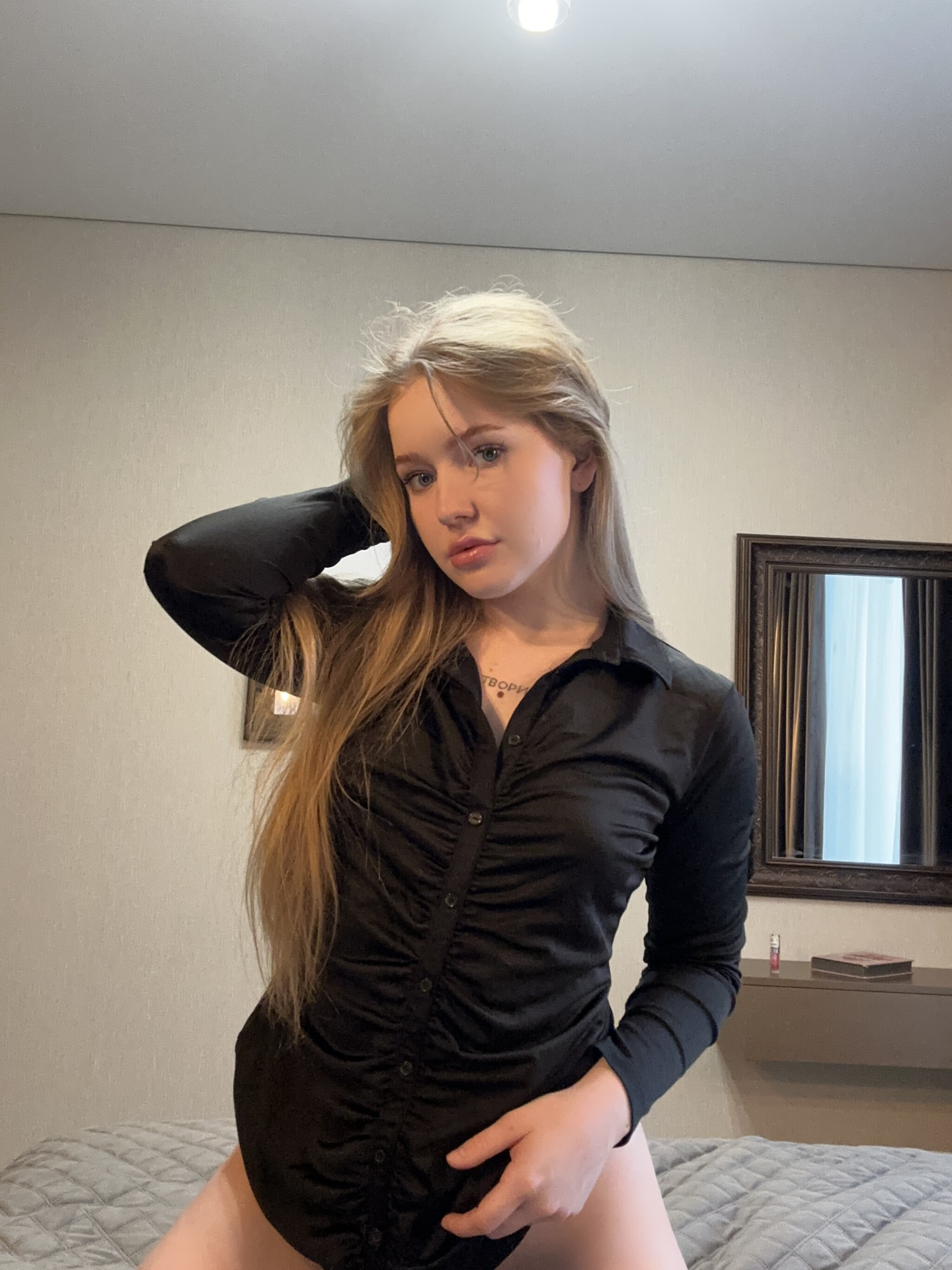 Exclusive photo of beautiful Blonde by BunnyByte (@bunnybytee) and real Blue Eyes, Dress and Bed